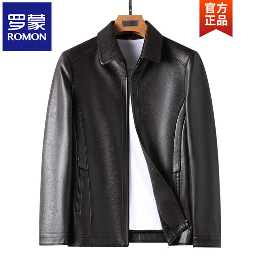 ROMON Haining Leather Men's 2026 New Autumn and Winter Dad Clothing Middle-aged Men's First Layer Imitation Cowhide Leather Jacket Lapel Black - Thin M 170 (100-120Jin Jin is equal to 0.5 kg)