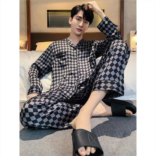 
GPHF Japanese light luxury men's pajamas summer ice silk long sleeve trousers suit men's 2025 new high-end home clothing 6626 straight men's style 2XL (145-180Jin[Jin equals 0.5 kg])