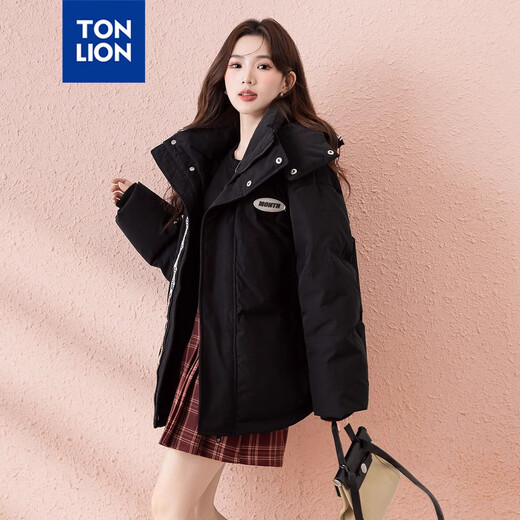 TonLion 2025 Down Jacket Women's 90 Fleece Hooded Warm Jacket Loose Black M