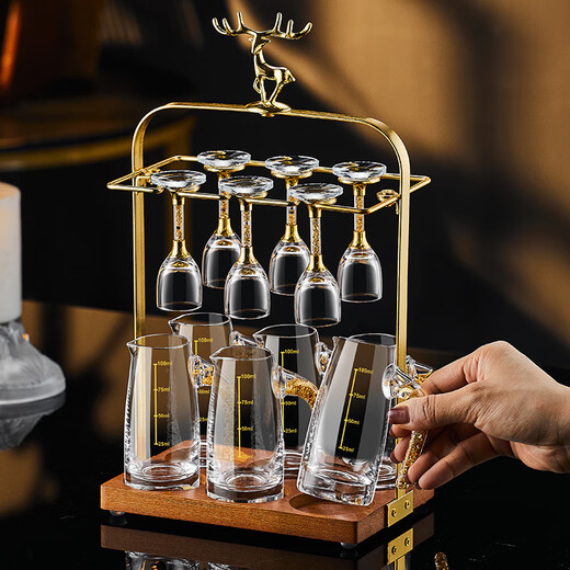 MIDOC high-end light luxury small white wine glass set glass one-shot spirit glass wine dispenser creative gold foil wine set set transparent Moutai cup 10 pots 10 cups + golden deer cup holder