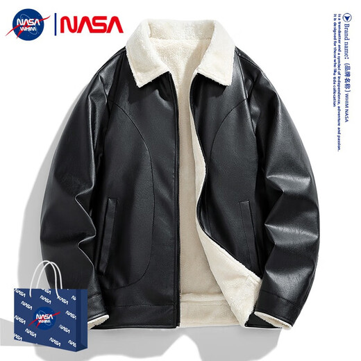 WHIM NASA Men's Leather Jacket Men's Spring American Casual Retro Leather Jacket for Young and Middle-aged Motorcycles Velvet Thickened Autumn and Winter Black 2XL