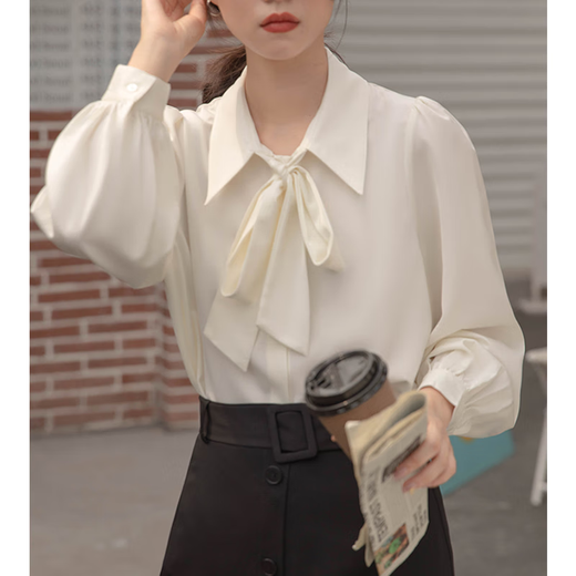 Harudi white long-sleeved shirt women's French bow spring and autumn chiffon commuting design lantern sleeve ribbon professional top white L (recommended 110-130)
