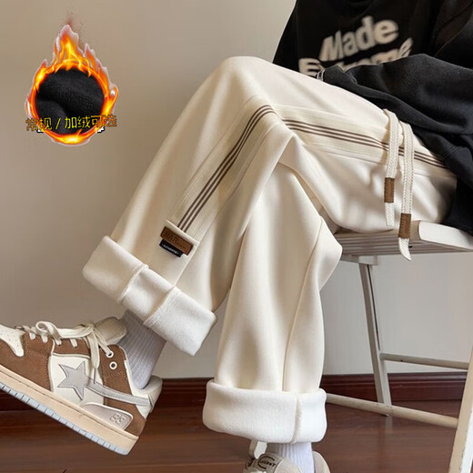 Katuchi American style velvet thickened striped casual pants for men in autumn and winter loose trendy straight wide-leg sports sanitary trousers beige-velvet XL recommended 130-150Jin Jin equals 0.5 kg