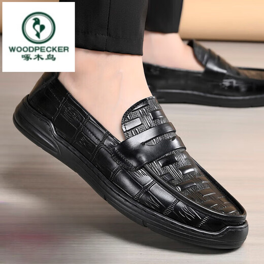 Woodpecker 2025 summer new men's shoes one-foot leather shoes men's soft-soled lazy shoes men's casual shoes internet celebrity beans shoes men 826 black [Holved foot cover] 38