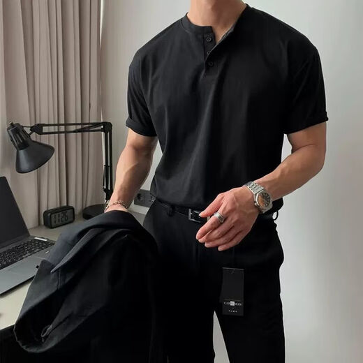 探锋鸟新款亨利领T恤衫男polo美式复古短袖成熟稳重健身运动硬汉风韩版 绿色高品质 3XL