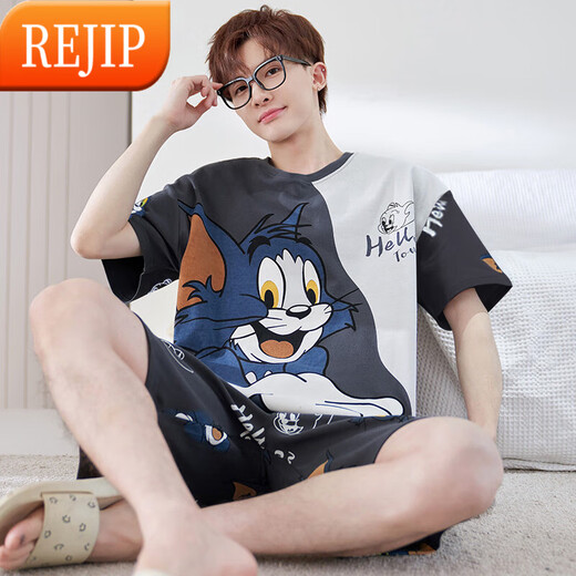 REJIP男士睡衣短袖春夏天季薄款卡通青少年可外穿男款加大码家居服套装 6621 L 100-135斤