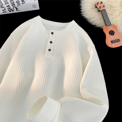XUANSENTU Henry collar long-sleeved T-shirt men's spring textured inner layering shirt teenagers loose silhouette fashion brand clothes white 2XL (180) 150Jin Jin equals 0.5kg to 170Jin Jin equals 0.5kg can be worn