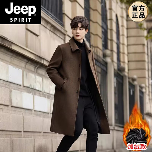 JEEP SPIRIT男士羊毛呢子大衣2025年冬季加绒双面毛呢中长款外套男 X908黑色 L 【111-120斤】