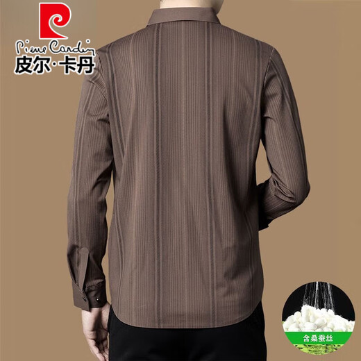 Pier Cardin Authentic Mulberry Silk Camiseta de manga larga para la primavera y otoño de los hombres, la nueva camisa delgada de negocios sin hierro rayado casual Z699-Carine (alto elástico, transpirable, resistente al desgaste) XL 175 recomendado 130-150Jin [Jin equivale a 0.5 kg]