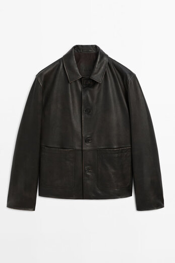 Massimo Dutti Discount Saison 2025 Veste en cuir rétro en cuir rétro de style de style argent masculin 0337576 Dark Brown M Size Small