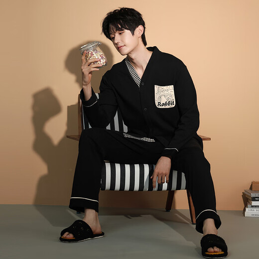 LangSha couple pajamas for women spring pure cotton long-sleeved with chest pads that can be worn outside home clothes men's cotton casual cardigan set 8060 M women + 2XL men