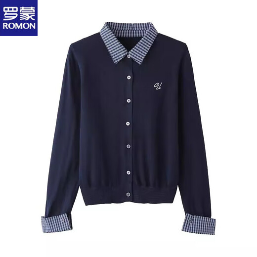 ROMON's design sense niche super nice shirt collar fake two pieces Korean style 2026 spring and autumn new fashion chic and beautiful sweater Navy version (more people choose) XL recommended 113-125Jin Jin equals 0.5 kg