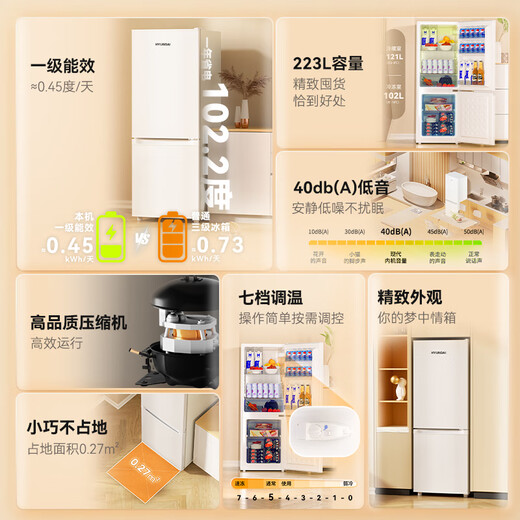 HYUNDAI (Korea Hyundai) Large Capacity Double Door Refrigerator Household Medium Small Refrigerator Freezer Refrigerator Rental Dormitory Energy Saving 223L White First-Class Energy Efficiency + Industry Popularity