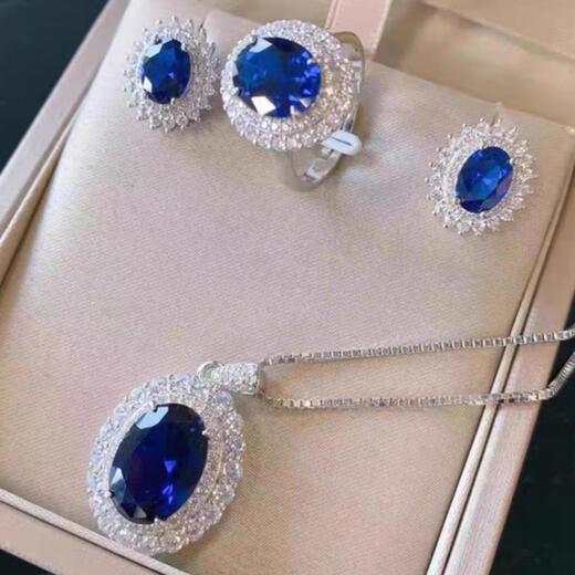 Fujiu Sapphire Set Ring Necklace Earrings Three-piece Tanzanite European and American High-end Light Luxury Women's Pendant Versatile Jewelry Earrings