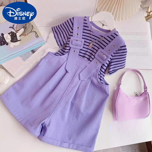 Disney Girls Summer Overalls Set dünne Schlinge Shorts 2025 Neue modische super süße kleine und mittlere Kinderweste lila Ärmeln + One-Shoulder-Overalls 110 für 4-5 Jahre empfohlen