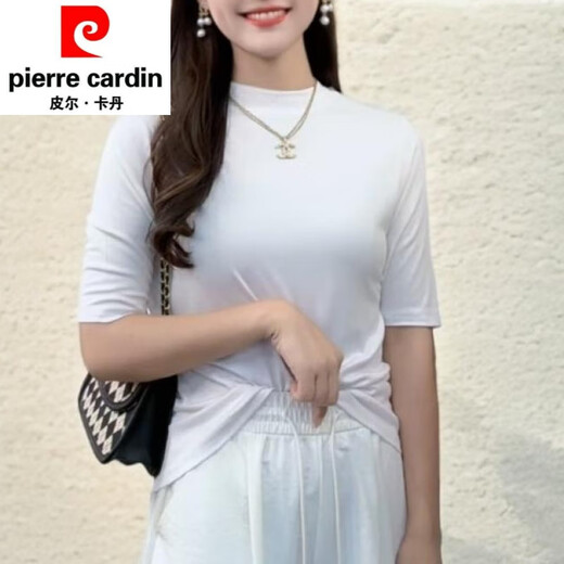 皮尔卡丹（pierre cardin）2025春夏修身显瘦T恤女经典百搭洋气纯色白色打底衫内搭上衣针织 3888黑色(中 袖) M (建议90-102斤)