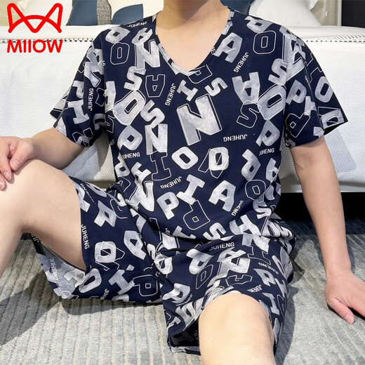 猫人东方绸男士加肥加大码短袖棉绸睡衣年轻人造棉套装凉感空调家居服 短袖短裤D5009 2XL (160-165cm)(110-130斤)
