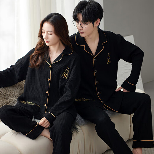clolv kissCK运动运动情侣睡衣春秋季一男一女两件套华夫格可外穿家居 QH-8110#[华夫格]翻领套装 M 女+男L