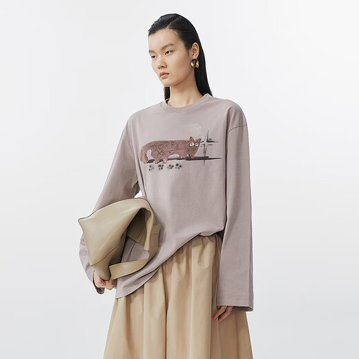 Jnby/Jiangnan Buyi 25 Sommer neues T-Shirt für Frauenkatze gedruckt H-förmig runden Hals Langarm Lose 5p4112750 674/mittelgraues Pulver s
