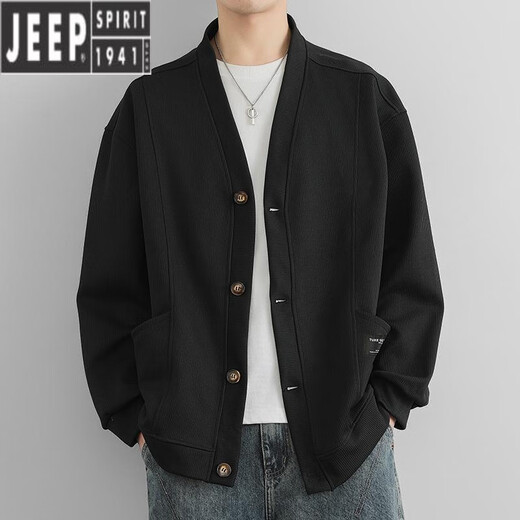JEEP SPIRITV领针织衫男士春秋款潮牌休闲慵懒风开衫外套感日系夹克上衣 BJ723米白色 L (约110-130斤可穿)
