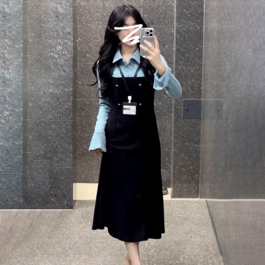 St. Paul's fake two-piece knitted long-sleeved shirt dress women's spring and autumn 2025 new waist slimming A-line long skirt dress S size