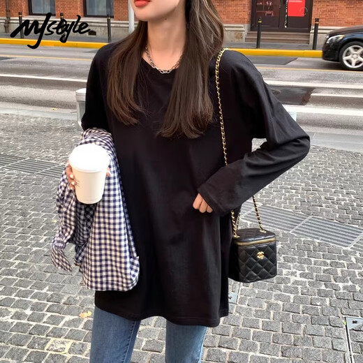 MJ STYLE long-sleeved slit T-shirt for women 2025 autumn new loose pullover solid color bottoming shirt sports style versatile top