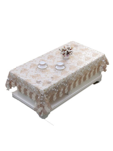 
OIVFNDQN coffee table protection mat high-end European yarn embroidered dining tablecloth lace tablecloth living room rectangular tablecloth pastoral 1518 dandelion beige cabinet 70*210CM