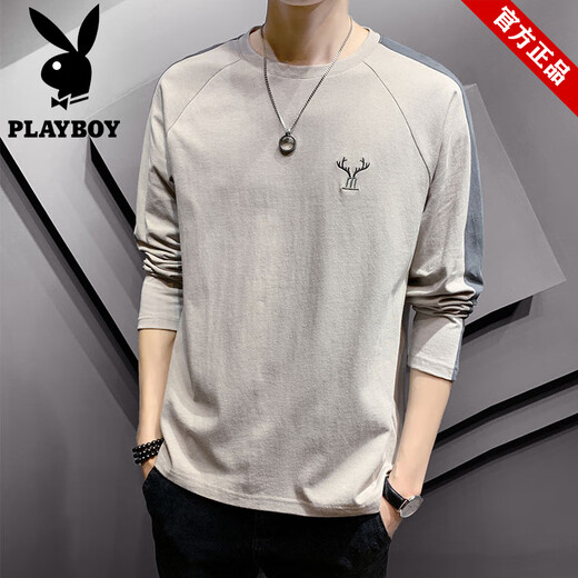 花花公子（PLAYBOY）品牌纯棉长袖t恤男装春夏季宽松刺绣打底衫上衣男款潮牌圆领卫衣 692杏色+980灰色【共2件】 3XL (约155-170斤可穿)