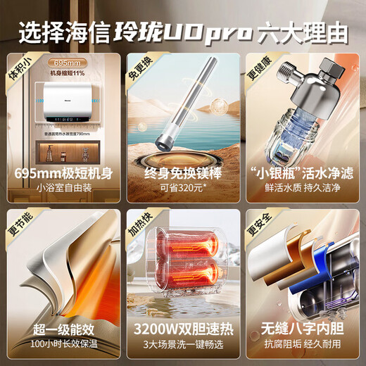 海信（Hisense）电热水器扁桶60升超薄双胆695mm超短机身活水净滤3200W免换镁棒超一级能效玲珑UD ES60-DS11Pro