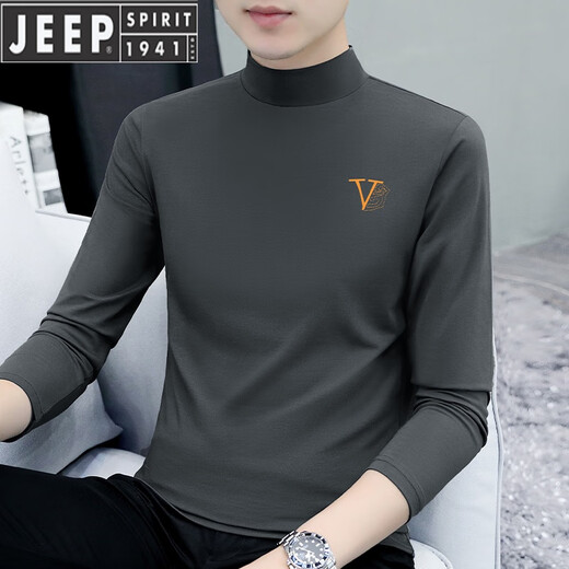 JEEP SPIRIT pure cotton half turtleneck base shirt men's long-sleeved T-shirt solid color middle collar spring and autumn new men's T-shirt outer top 6187 charcoal gray XL [Suggested 130-145 Jin [Jin equals 0.5 kg]]