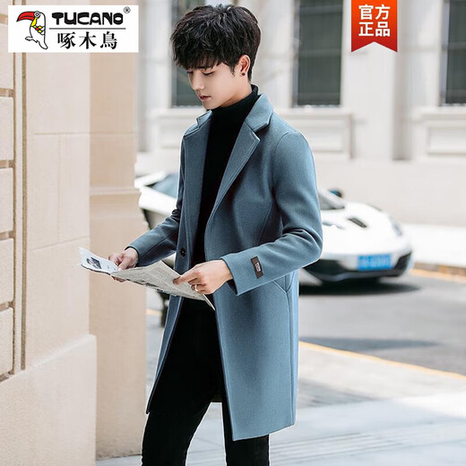 Woodpecker (TUCANO) Men's Windbreaker 2025 Autumn and Winter Korean Style Trendy Mid-Length Windbreaker Men's Slim and Handsome Woolen Coat Jacket Men's Light Gray F3 XL 130-140Jin Jin is equal to 0.5 kg