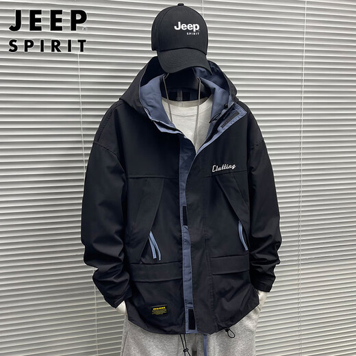 JEEP SPIRIT Jeep Jacket Men's Hooded Autumn and Winter Jacket Men's Casual Men's Trendy Work Clothing Tops Dark Gray XL