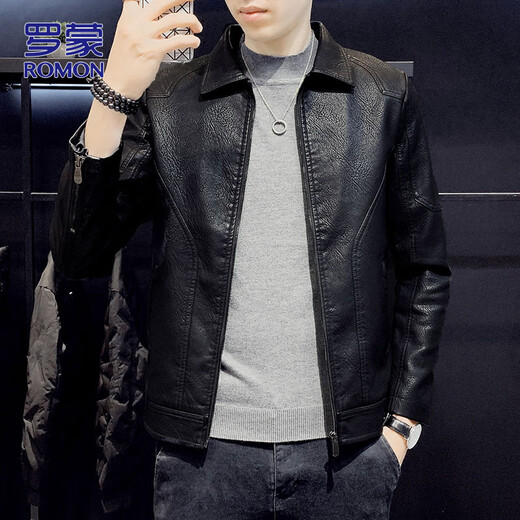 ROMON leather jacket men's spring casual jacket men's versatile trendy tops men's clothing black XL