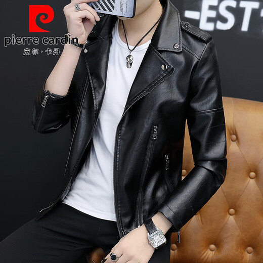 Chaqueta de traje para hombres de Pierre Cardin Leather 2025 Spring and Autumn New Trendy Traje casual Handsome Tending Leather Chaqueta Negra 6625 Plush M