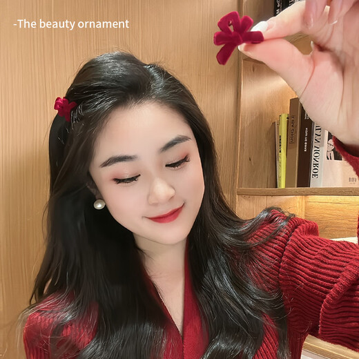 Nanbomaru New Year's Red Flocked Bow Small Clamp Female Princess Head Side Clip Bangs Hair Clip Hair Ornament Hair Clip NWFJ133 Red 4 pcs