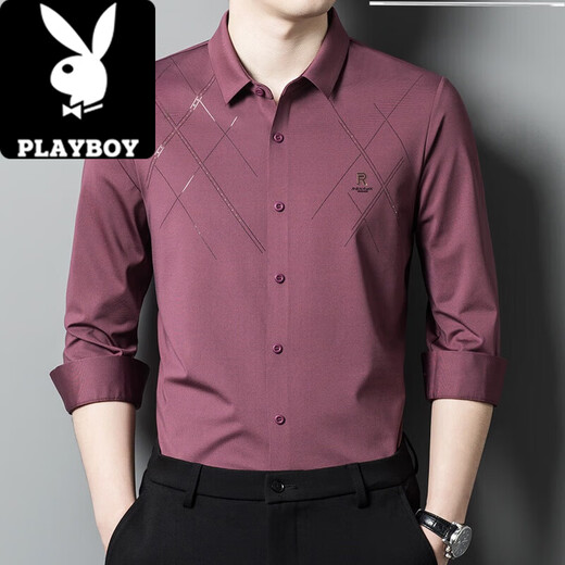 Playboy (PLAYBOY) Men's Pink Shirt Long Sleeve Spring and Autumn Groom Wedding Dress Happy Father-in-law Dad Knitted 6627 Red M 165 [110Jin [Jin equals 0.5 kg]]