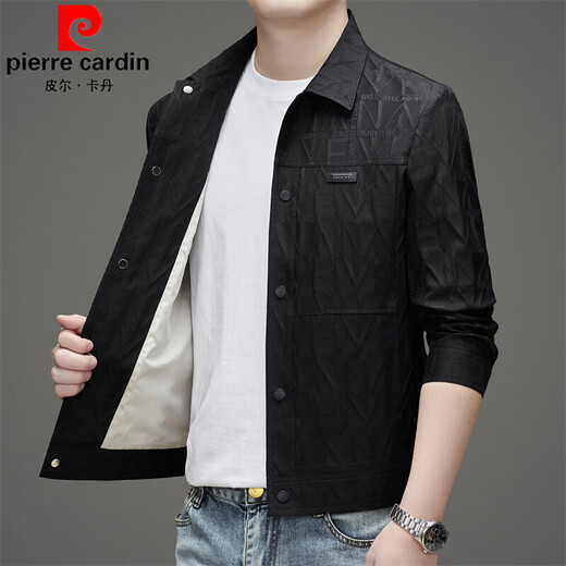皮尔卡丹（pierre cardin）2025春秋季新款高端翻领夹克男士时尚休闲纯色百搭纽扣上衣外套男 黑色 M