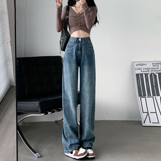 Sekong 2025 Automne et hiver Nouveau style épaissis épaissis hauts hauts drapés jeans à jambes larges pour les femmes plus en velours chaud hnf 683 rétro bleu 2xl
