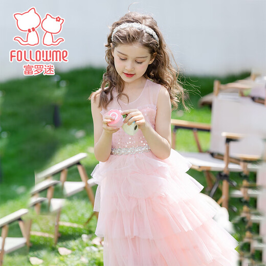 Fuluo Mi Girls' Dress Cake Princess Dress Little Girl Mesh Cake Dress Middle-aged Children's Dress Pink 140