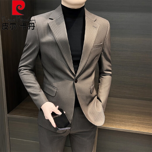 Pierre Cardin Striped Suit Jacket Men's Spring and Autumn 2025 New Style Business Formal Wear, Handsome Casual Suit, Brown Single Dress 2XL Recommended 150Jin Jin is equal to within 0.5kg