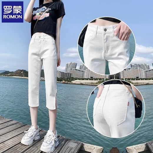 
Romon Cropped Jeans for Women in Summer 2025 New High Waist Slim Small Small Black and Fat mm Slit Large Size Straight Mid-Level Pants 6189 Black Gray XL Recommended 115-130Jin [Jin equals 0.5 kg]