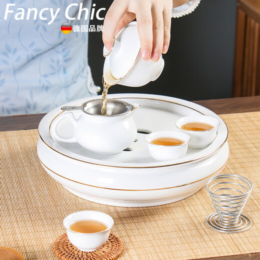 FANCYCHIC Chaoshan Kung Fu Tea Set Ceramic Tea Tray Covered Bowl Male Cup Teapot Teacup Light Luxurious Gold Painted Complete Set for Office and Home Use a White Jade Porcelain Eight-inch Tea Tray Set Covered Bowl Style