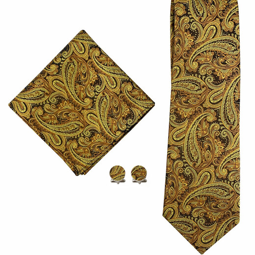 Hengyuanxiang tie men's dress 3 piece set formal wear business wedding groom bow tie square scarf cufflink cashew flower wine red gold high-end TZ-E14