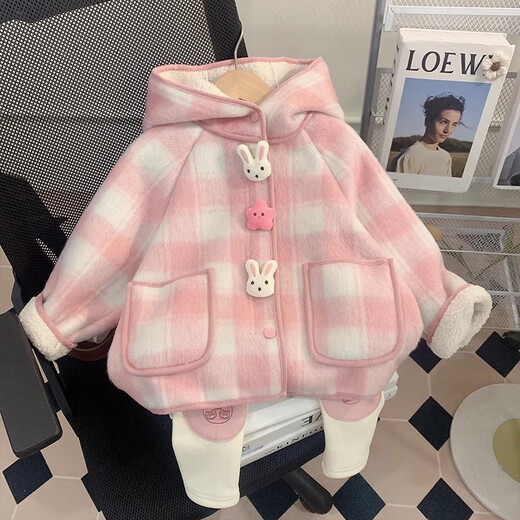 Yuanyouling Girls' Wool Coat Autumn and Winter Clothing 2024 Thickened Plaid Coat Baby Fashionable Coat Children's Coat Pink Fleece Wool Coat 90
