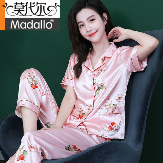 Modal Summer Women's Mulberry Silk Two-Piece Summer Short Sleeve Silk Thin Internet Celebrity Large Size Home Suit Spring and Autumn SC681 Bean Green-Double L (106-115Jin[Jin is equal to 0.5 kg])