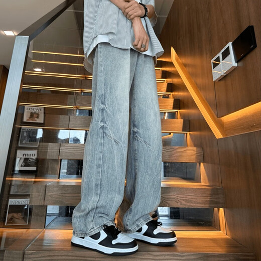 
Bamboo stitched needle jeans men's summer American retro vibe high street micro-flare pants loose straight pants handsome trousers light blue 688-DDD 2XL