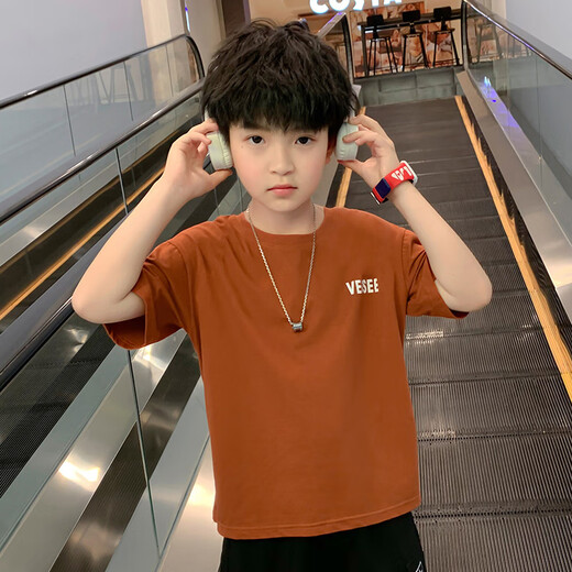 艾卡诺 I.KARNOW儿童t恤2025年夏装新款男童韩版洋气纯棉短袖中大童潮牌上衣男孩 19087蓝色+15265杏【冰丝套装】 170