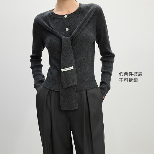 
Fan Silann fake two-piece knitted shawl knitted cardigan for women in spring 2025 new commuter versatile sweater 1342 dark gray M