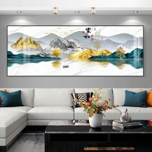 Jihe Wanshixing Kreuzstich fertiges Wohnzimmer hängen mit Rahmen Horizontale Einzellandschaft Neues chinesisches Stil Landschaftslandschafts Sand XL-679 Rahmen 50*180 cm Flachkristall Porzellanmalerei