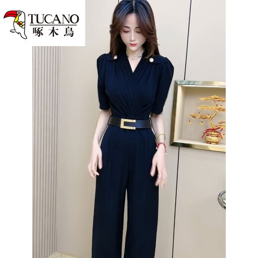 Woodpecker Internet Celebrity Fashion Jumpsuit für Frauen 2025 Sommer neuer schwarzer V-Ausschnitt Puffhülle Slimming-Jumpsuit WH2601# Black [Version] M Vorschlag 95-105Jin [Jin ist gleich 0,5 kg]